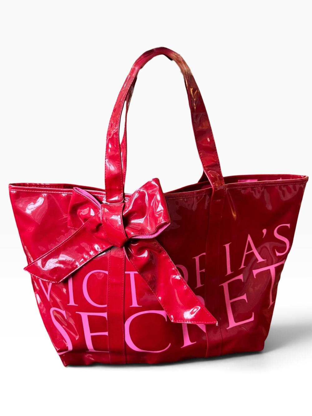 Victoria’s Secret Red Pink Patent-Look Bow Tote Bag Y2K